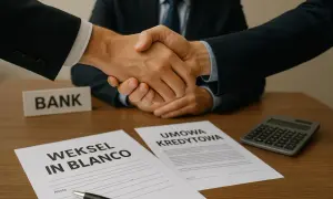 Uścisk dłoni po podpisaniu umowy kredytowej i weksla in blanco.