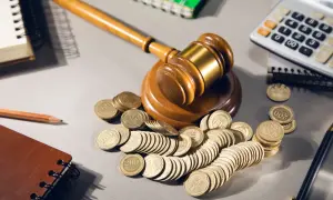 Młotek sędziowski i stosy monet symbolizują oddanie długu. Obok leżą kalkulator i notatniki.