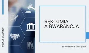 Grafika przedstawia ikonografię związaną z prawem i umowami, z hasłem "Rękojmia a gwarancja" na środku. Informator dla kupujących.