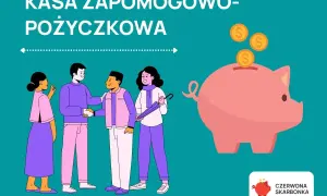 Ludzie zawierają umowę, a obok różowa świnka skarbonka przyjmuje monety. To symbol kasy zapomogowo-pożyczkowej.