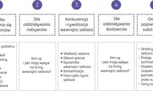 Analiza 5 sił Portera: groźba nowych konkurentów, siła nabywców i dostawców, konkurencja w sektorze, groźba substytutów.