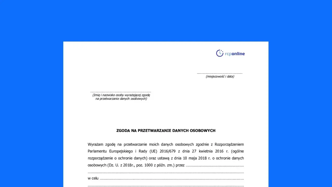 Formularz zgody na przetwarzanie danych osobowych, zawierający klauzulę CV i dane do uzupełnienia.