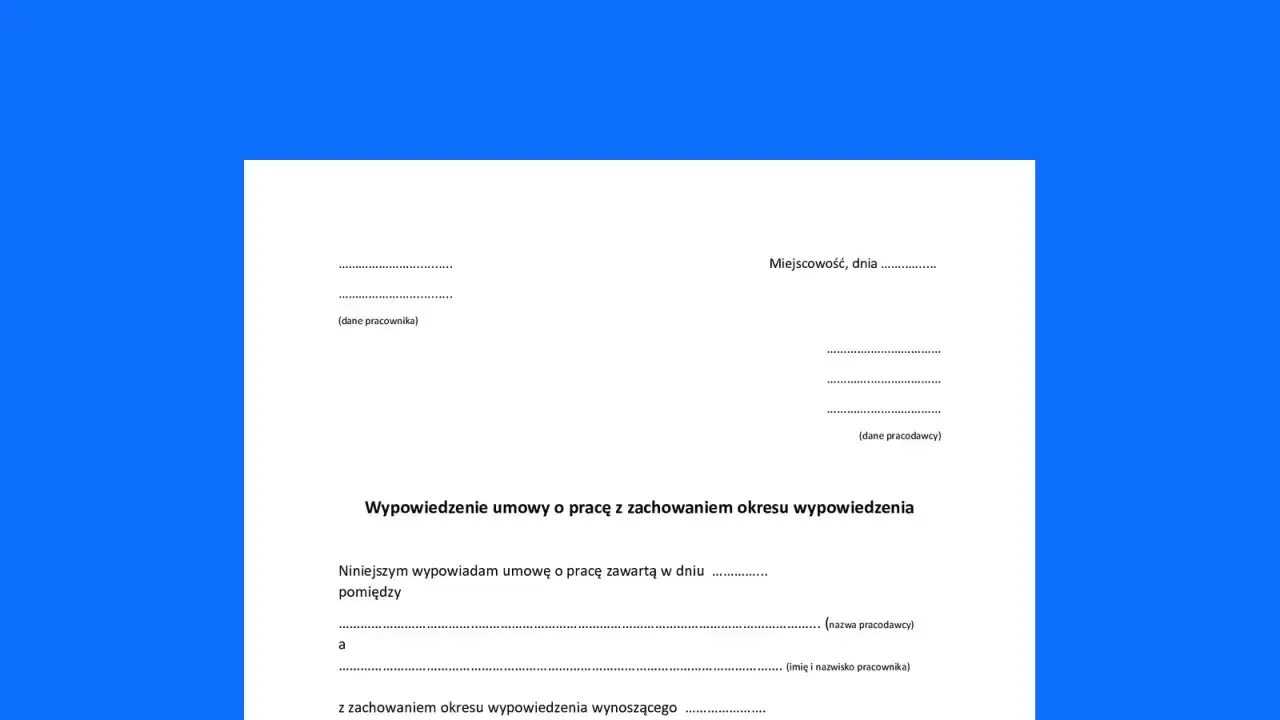Formularz wypowiedzenia umowy o pracę. Wypełnij dane pracodawcy i pracownika, aby złożyć wypowiedzenie.