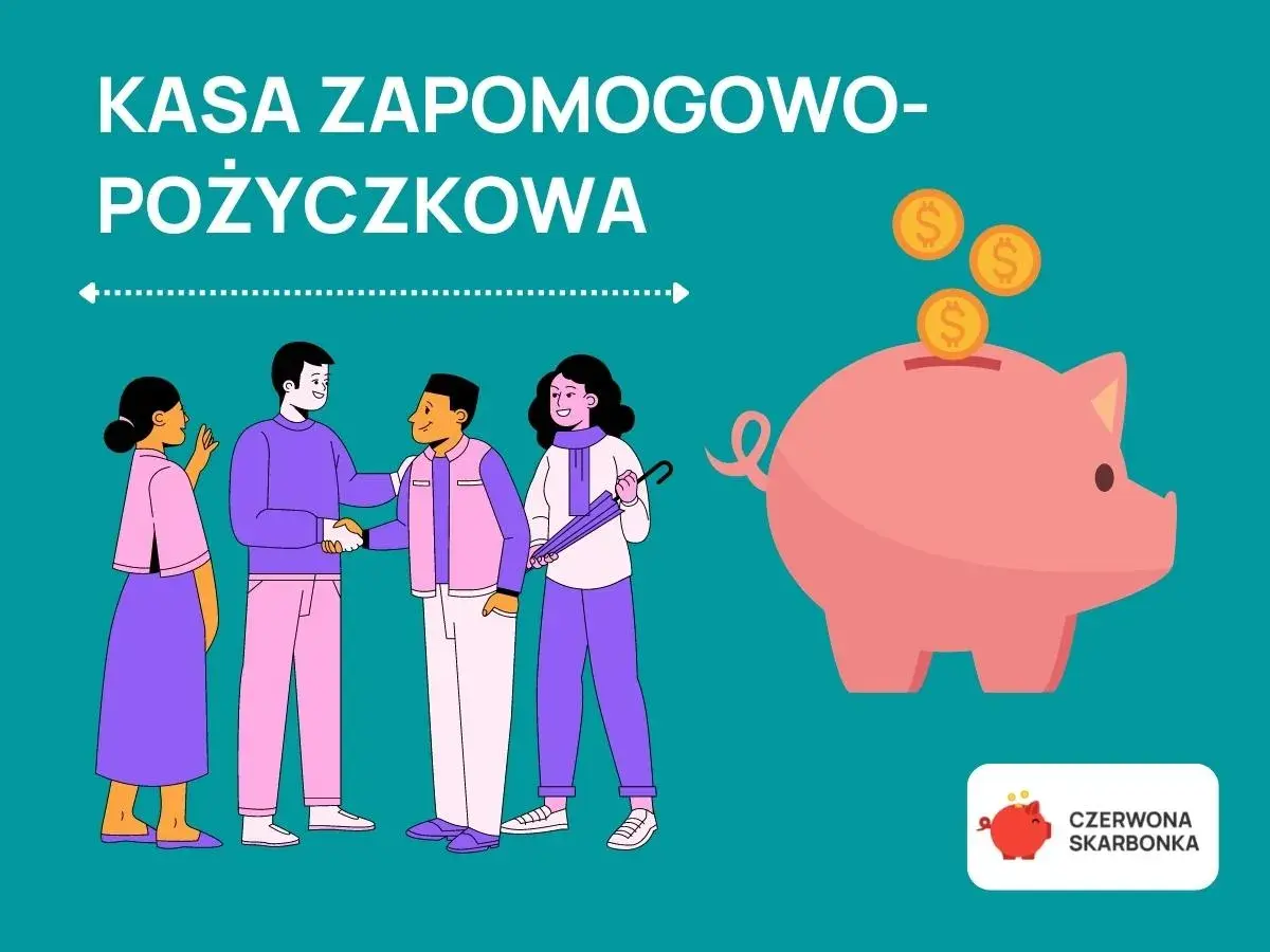 Ludzie zawierają umowę, a obok różowa świnka skarbonka przyjmuje monety. To symbol kasy zapomogowo-pożyczkowej.