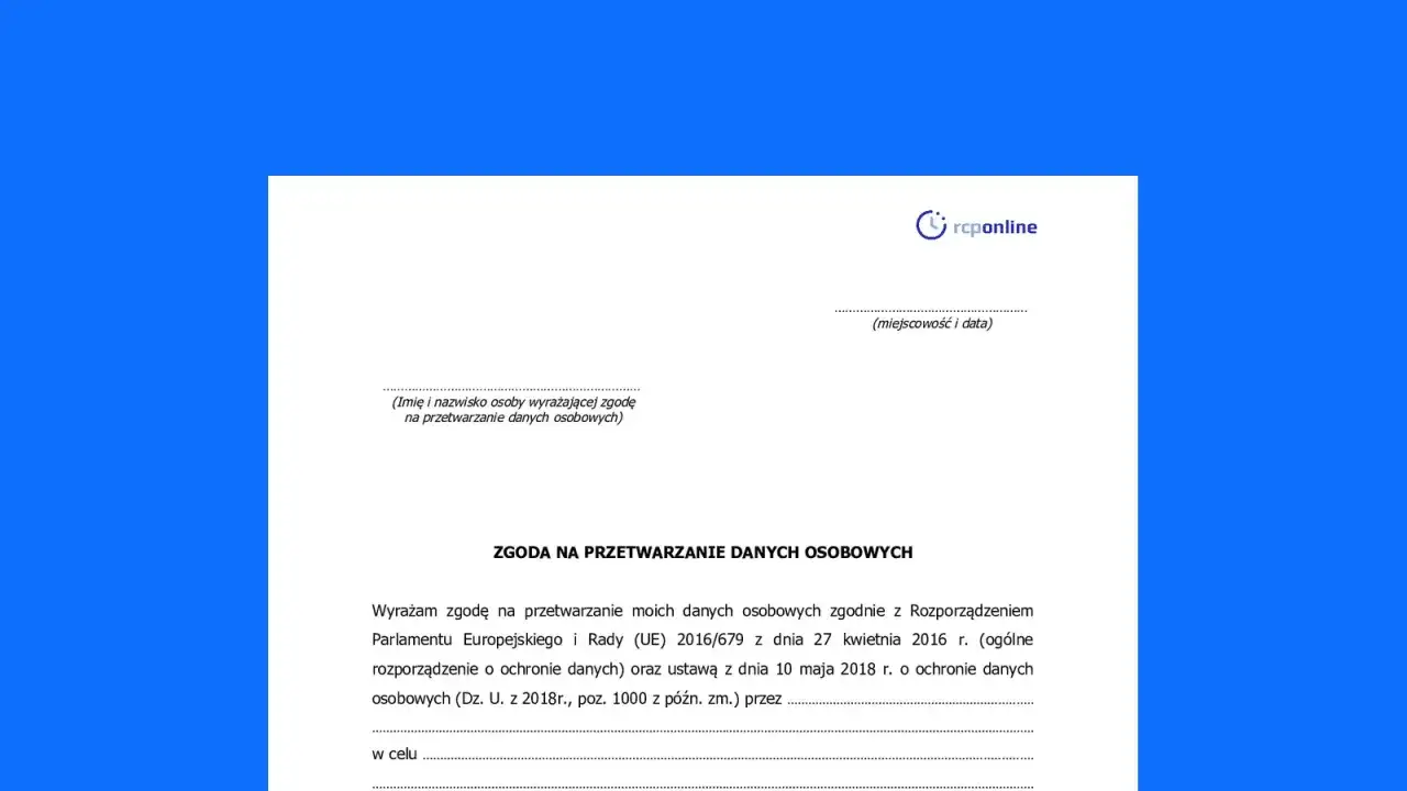 Formularz zgody na przetwarzanie danych osobowych, zawierający klauzulę CV i dane do uzupełnienia.