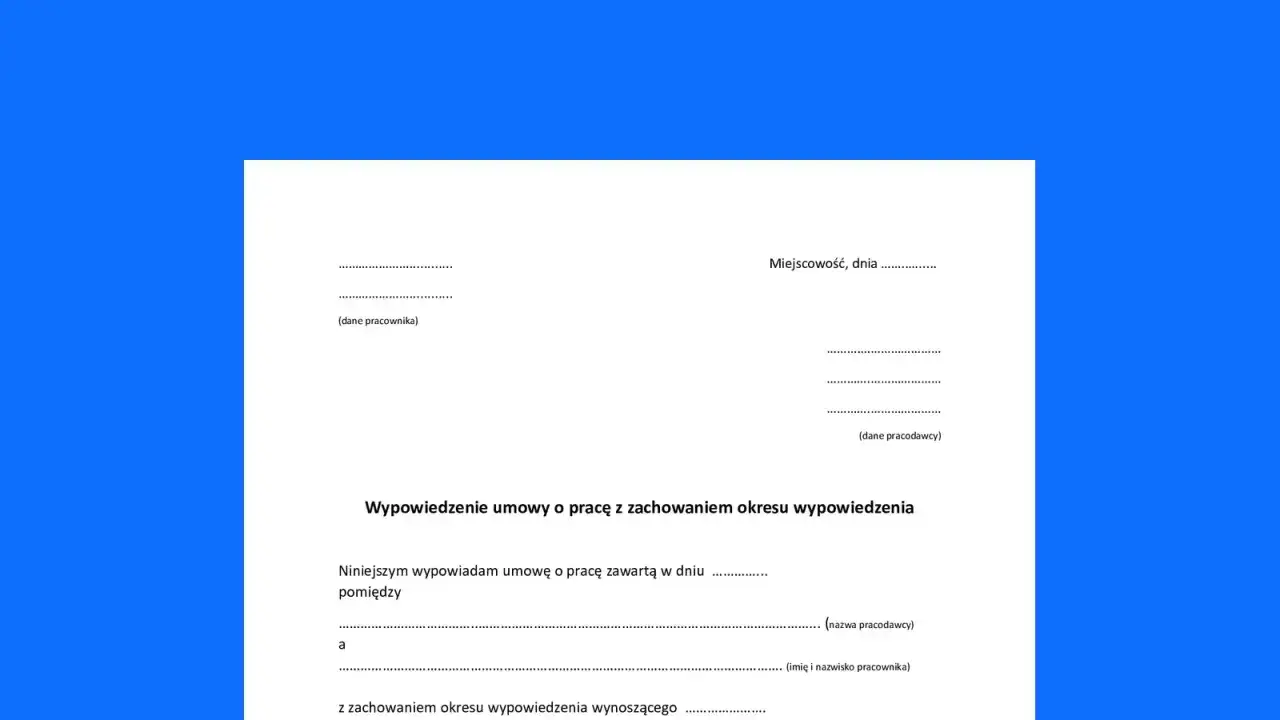 Formularz wypowiedzenia umowy o pracę. Wypełnij dane pracodawcy i pracownika, aby złożyć wypowiedzenie.