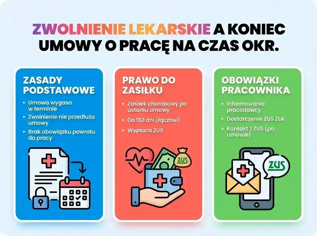 Zwolnienie lekarskie a koniec umowy o pracę na czas określony. Informacje o zasadach, prawie do zasiłku i obowiązkach pracownika po ustaniu zatrudnienia.