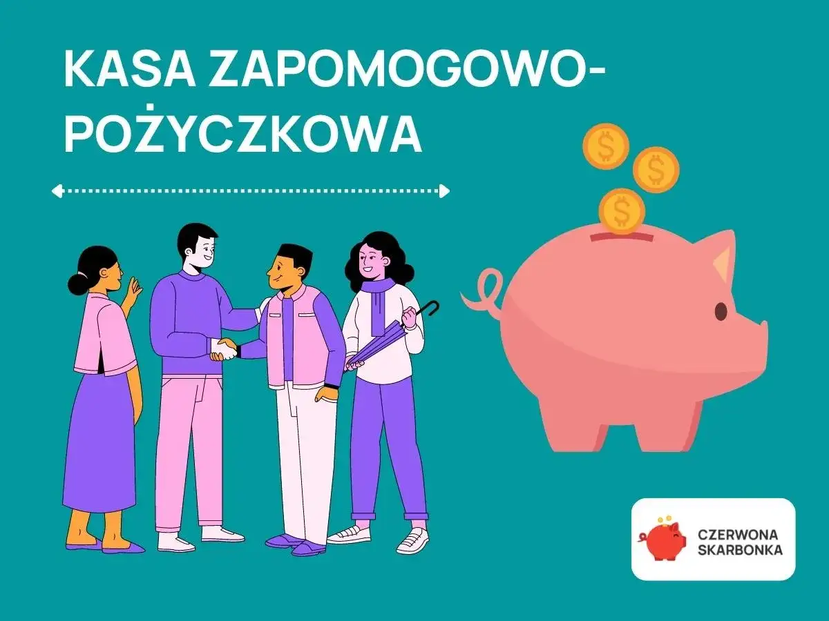 Ludzie zawierają umowę, a obok różowa świnka skarbonka przyjmuje monety. To symbol kasy zapomogowo-pożyczkowej.