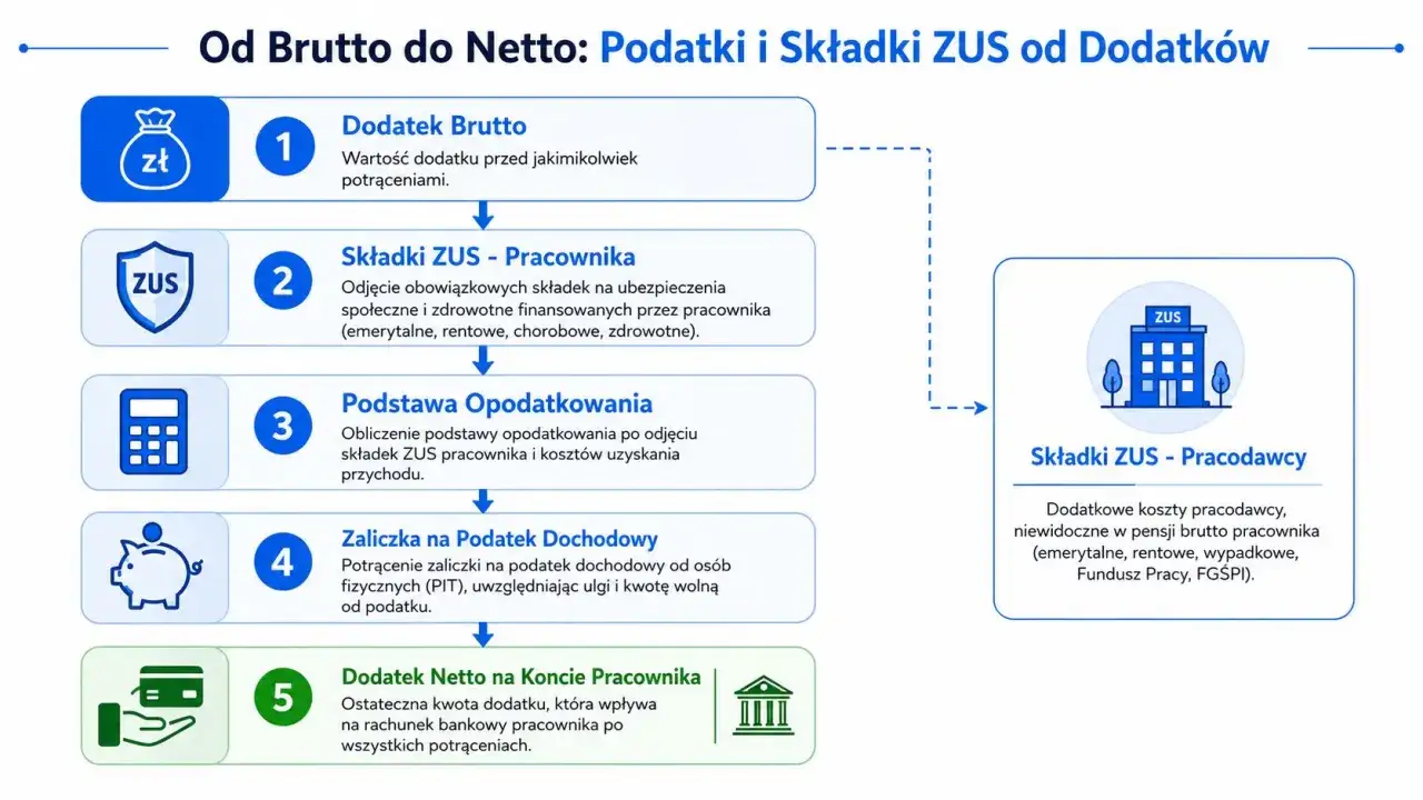 Schemat pokazuje, jak dodatek brutto staje się dodatkiem netto na koncie pracownika po odjęciu składek ZUS i podatku.