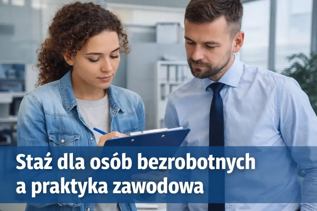 Kobieta i mężczyzna analizują dokumenty. Czy staż jest płatny? Dowiedz się o praktykach zawodowych dla bezrobotnych.