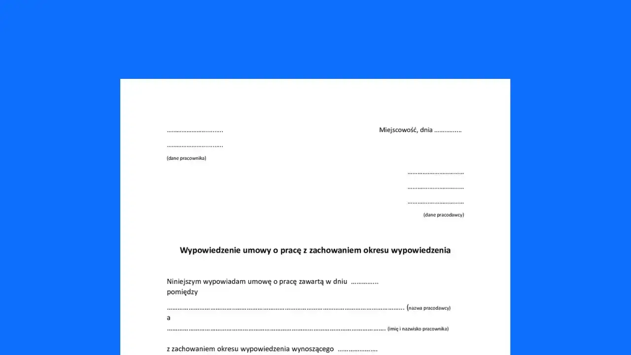 Dokument wypowiedzenia umowy o pracę z zachowaniem okresu wypowiedzenia. Czy na umowie zlecenie jest okres wypowiedzenia? Ten formularz dotyczy umowy o pracę.