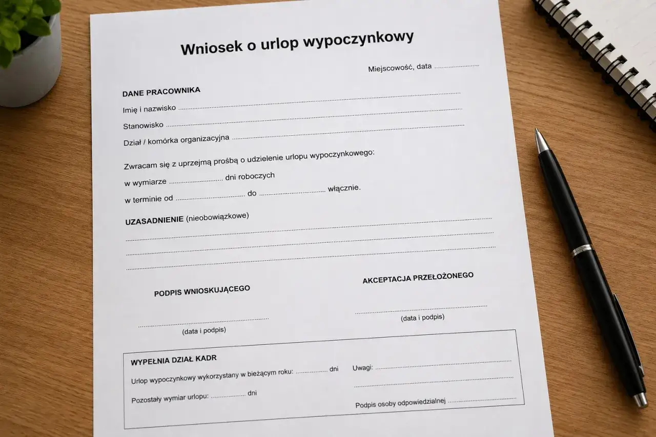 Wniosek o urlop wypoczynkowy. Czy na urlopie wypoczynkowym można pracować? Dokument zawiera pola do wypełnienia przez pracownika i przełożonego.