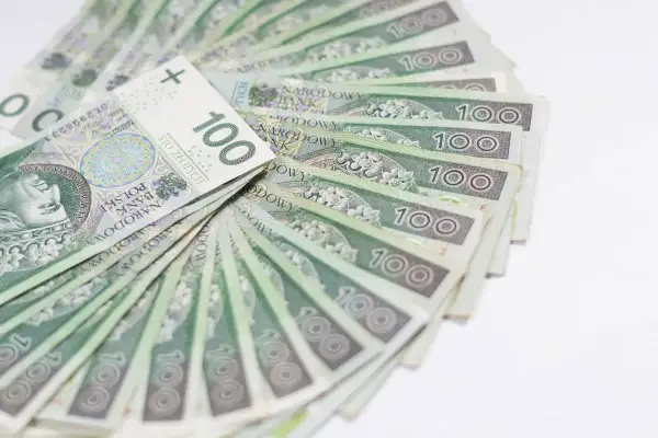 Stos stuzłotowych banknotów, ułożonych wachlarzowo. Idealne na świadczenie urlopowe, by odpocząć i cieszyć się wolnym czasem.