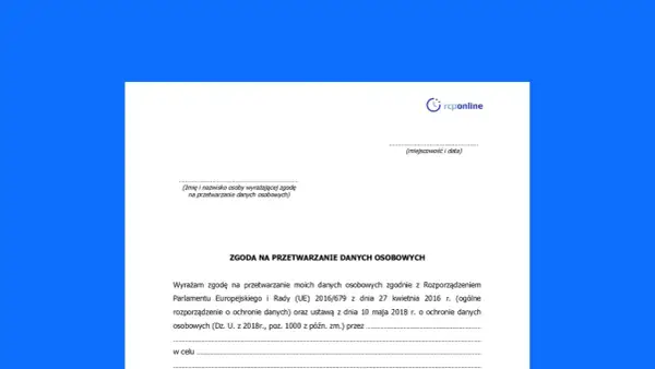 Formularz zgody na przetwarzanie danych osobowych, zawierający klauzulę CV i dane do uzupełnienia.