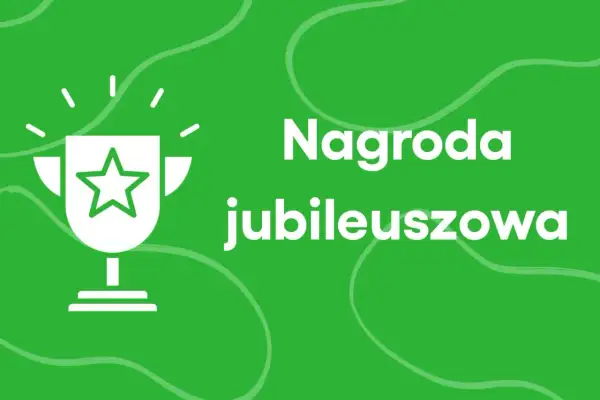 Biały puchar z gwiazdą symbolizuje nagrodę jubileuszową. Zielone tło z falami.