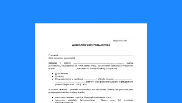 Dokument "Wymierzenie kary porządkowej" zawiera opcje: upomnienie, nagany, kara pieniężna.
